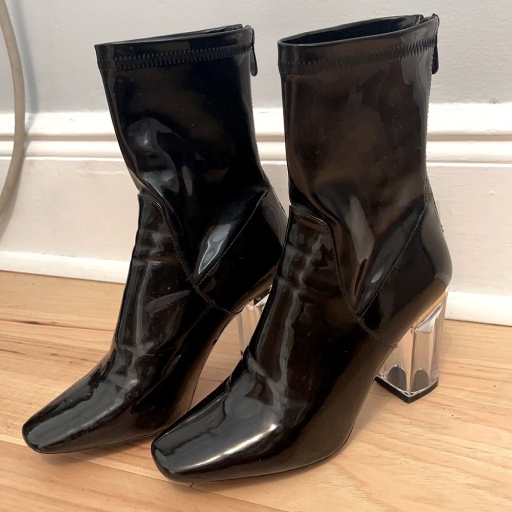 Patent Leather Black Boots with Clear Heel